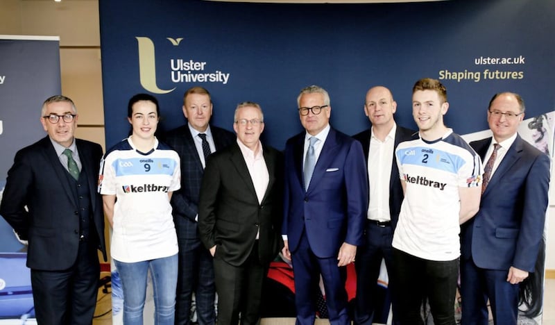 Ulster University has signed a three-year partnership with Keltbray, the UK&rsquo;s leading specialist business offering engineering, construction, decommissioning, rail and environmental services. The partnership will support the Ulster University Gaelic Academy, including sponsorship for a US tour that will see players travel to New York, Boston and Philadelphia in the autumn. (L-R) Garett Duffy, Cassie Fitzpatrick, Martin Conlon, Vice-Chancellor Professor Paddy Nixon, Brendan Kerr, Andy McClafferty, Eoin Ban Gallagher and Vince Corrigan. 