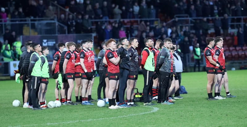 Down at the start of the GAA Allianz Football  Division Three Round Four game between Down and Offaly  at Páirc Esler, Newry 0n 02-24-2024