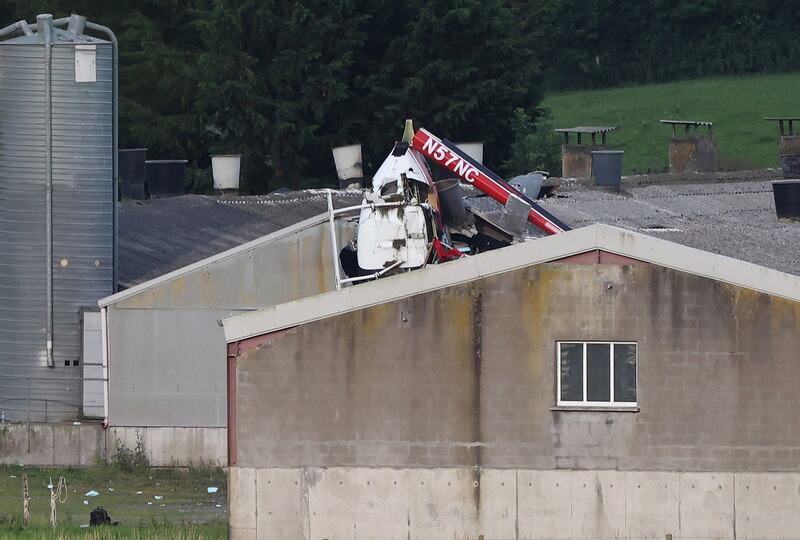 The scene of a helicopter crash at a farm building in Joristown Upper townland in Killucan, Co Westmeath