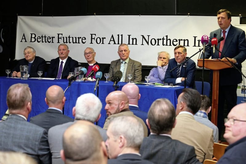 The Ulster Defence Association, Ulster Volunteer Force and Red Hand Commando issued a joint statement. .L-R Rev Harold Good, Jim Wilson, Retired Archbishop Alan Harper, Jackie McDonald, Rev Norman Hamilton, Dr Billy Mitchell, Loyalist Communities Council (LCC) member David Campbell at a Press Conference at the Linen Hall Library on Monday. .Picture Mal McCann..... 