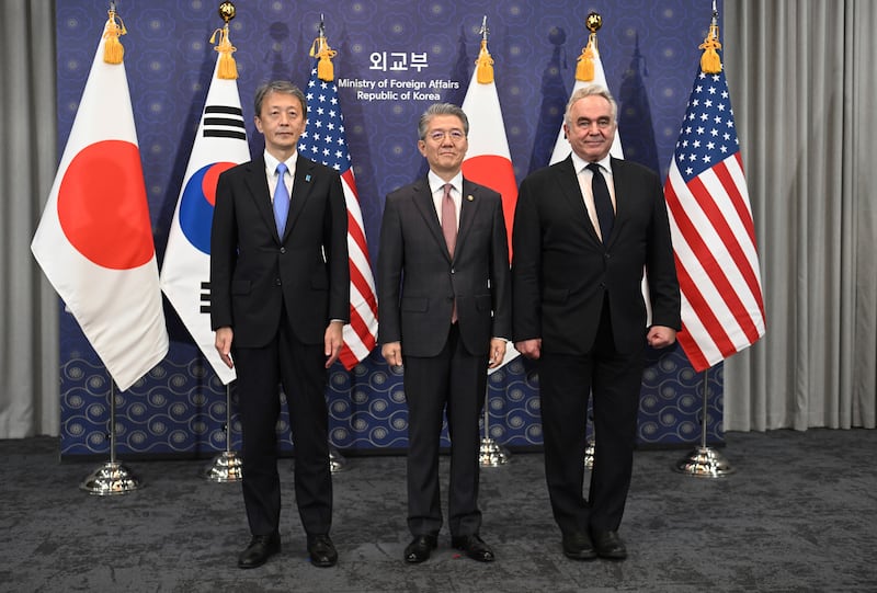 South Korea’s vice foreign minister Kim Hong-kyun with US deputy Secretary of State Kurt Campbell and Japan’s vice foreign minister Masataka Okano (Jung Yeon-je/AP)