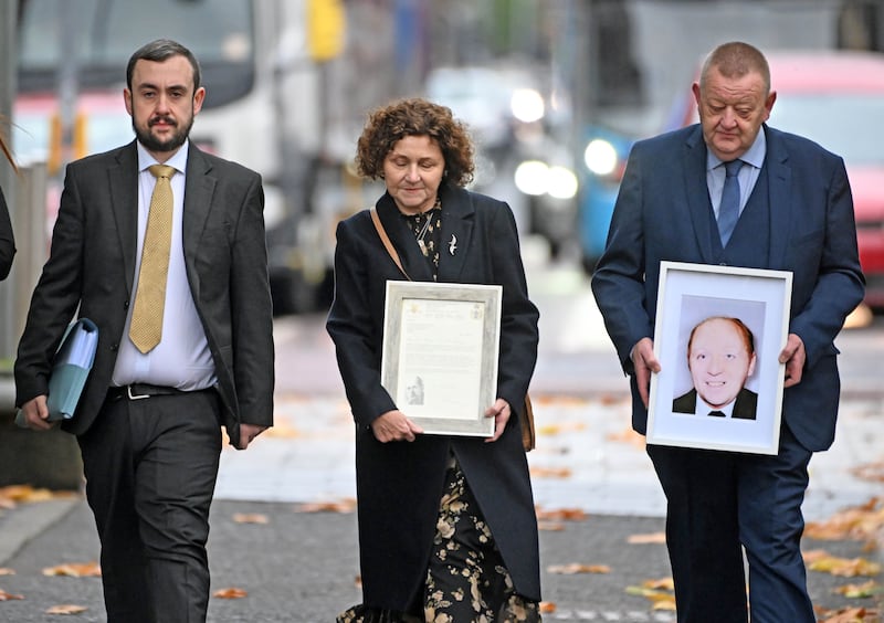 Alan Lewis - PhotopressBelfast.co.uk         14-11-2024
The niece and nephew of Mr Billy McGreanery at the High Court in Belfast where they were awarded "substantial damages" for the death of their uncle who was shot dead by a soldier in Derry/Londonderry in 1971.
Marjorie Roddy, (centre), is holding a framed letter of apology from the head of the British Army and Mr Billy McGreanery, (named after his uncle), is holding a picture of shooting victim Mr Billy McGreanery. 
With them is the family solicitor Mr Gary Duffy of KRW Law.