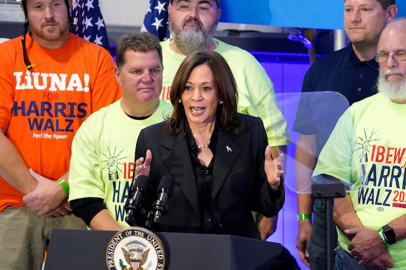 Democratic presidential nominee Vice President Kamala Harris speaks during a campaign event in Janesville (Kayla Wolf/AP)