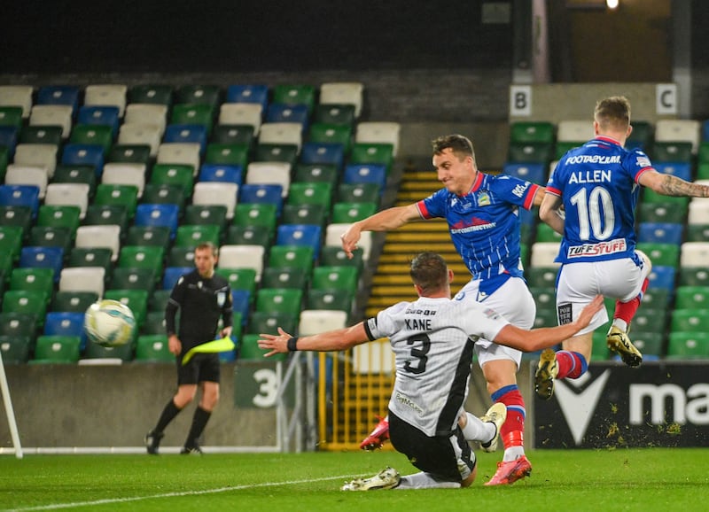 Joel Cooper of Linfield opens the scoring during this evening’s game at National Football Stadium at Windsor Park, Belfast