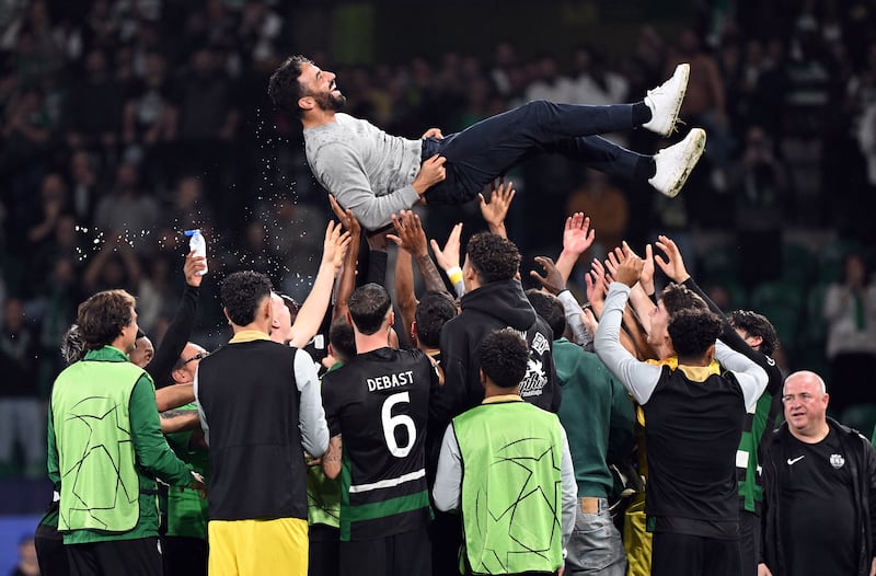 Ruben Amorim and Sporting Lisbon celebrate their win over Manchester City