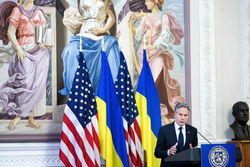 US secretary of state Antony Blinken addresses students and professors at the Igor Sikorsky Polytechnic Institute in Kyiv, Ukraine (Brendan Smialowski/Pool via AP)