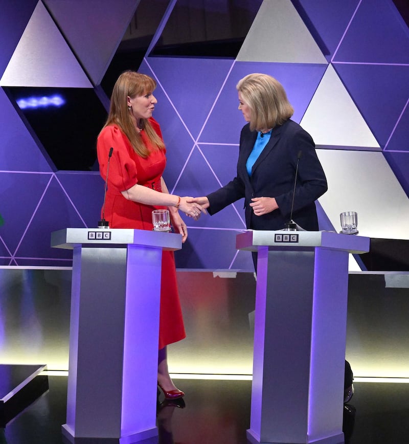 Deputy Labour leader Angela Rayner and Commons Leader Penny Mordaunt shake hands after taking part in the BBC Election Debate