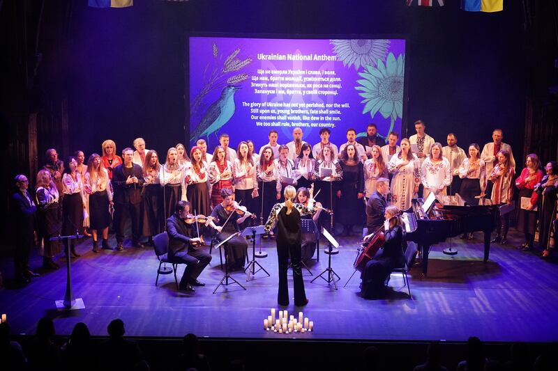 Ukrainian rock star Svyatoslav Vakarchuk, Songs for Ukraine and the Royal Opera House quartet perform the Ukrainian national anthem during the United With Ukraine show
