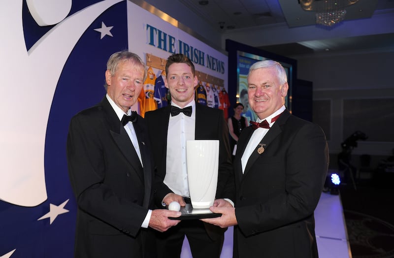 Micheal O Muircheartaigh, Conor McManus and former GAA president Aogán Ó Fearghail at The Irish News All-Star Awards 2015.