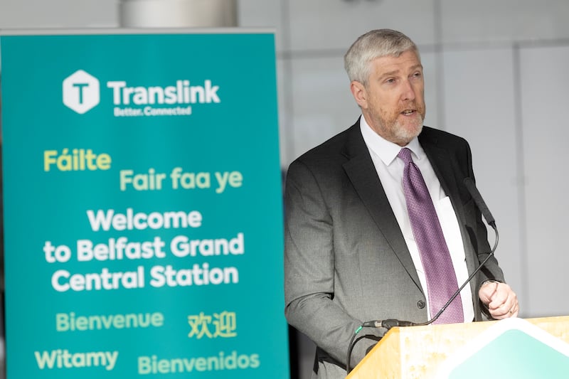 Infrastructure Minister John O'Dowd at Belfast's new Grand Central Station as it opened to the public.
PICTURE: MAL MCCANN