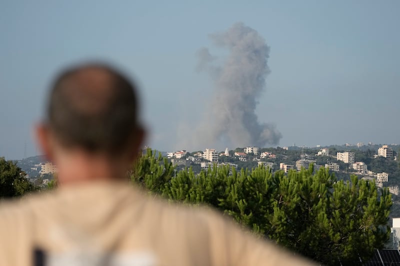 Smoke rises from an Israeli air strike north of Beirut, in the village of Ras Osta, Byblos district, seen from Maaysrah, Lebanon (Bilal Hussein/AP)