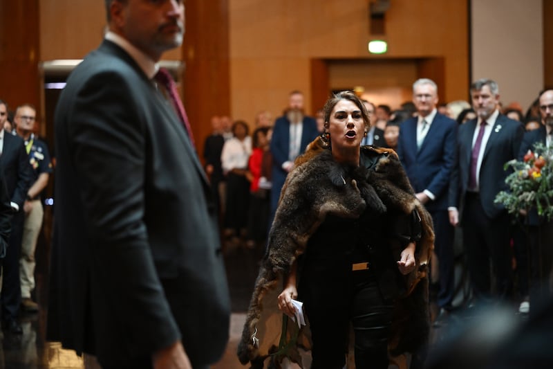 Senator Lidia Thorpe interrupts the ceremonial welcome to Australia for the King and Queen at Parliament House