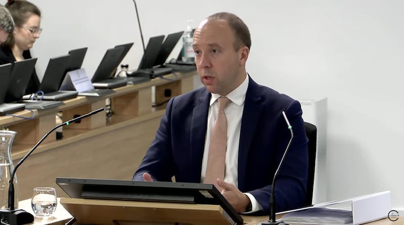 Former health secretary Matt Hancock giving evidence