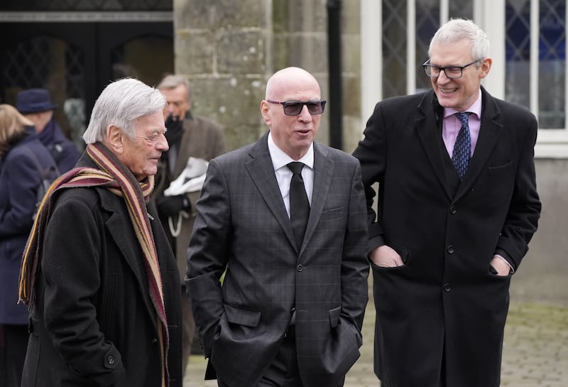 (left to right) Tony Blackburn, Ken Bruce and Jeremy Vine at the funeral of DJ Johnnie Walker