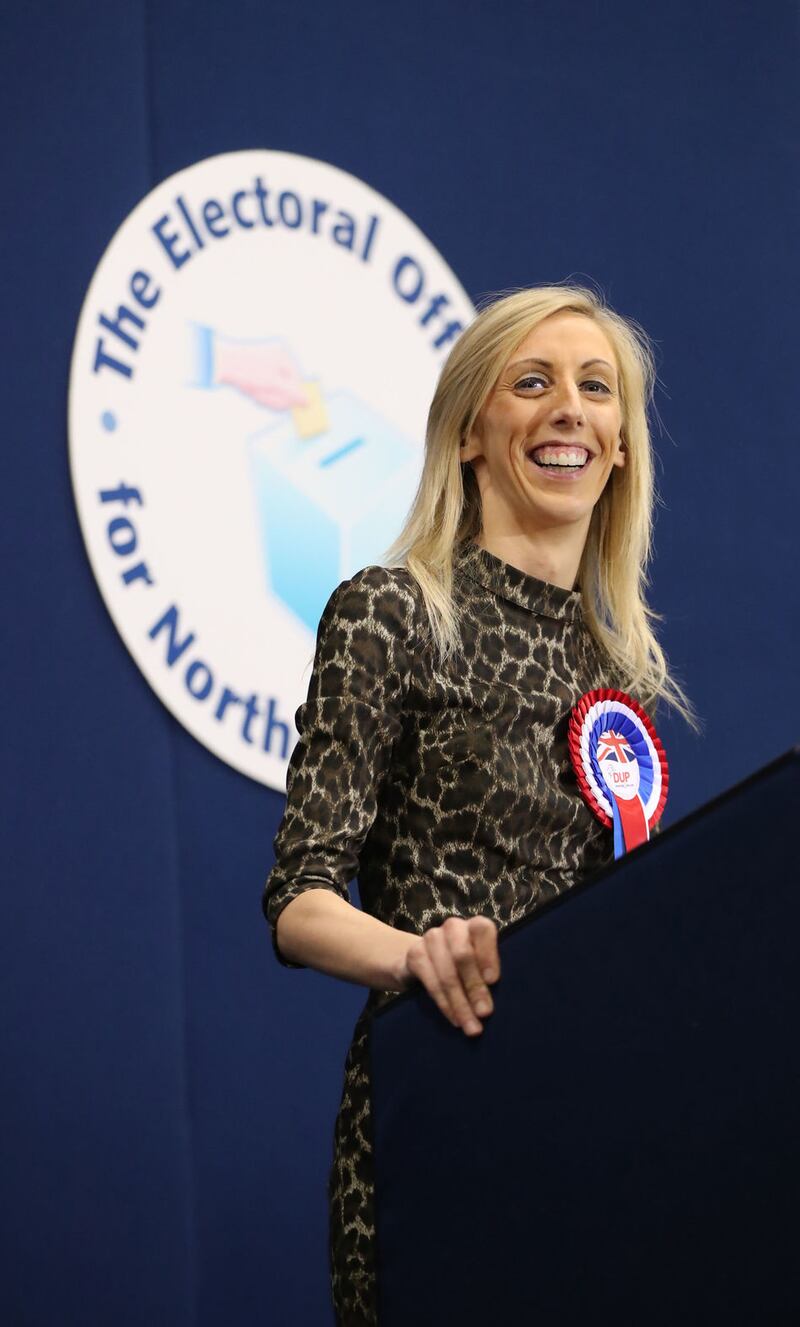 Carla Lockhart of the DUP is elected MP for Upper Bann at Meadowbank Sports Arena in Magherafelt, Co Derry. Picture by Niall Carson/PA Wire&nbsp;