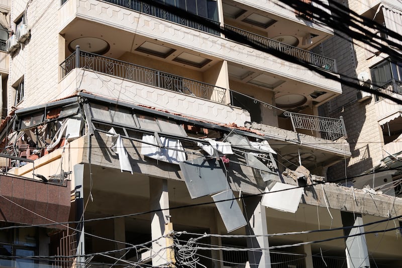 A damaged building at the site of an Israeli airstrike in Beirut’s southern suburb (AP Photo/Hassan Ammar)