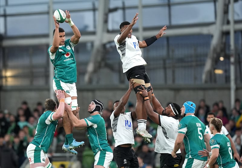 Ireland’s Cormac Izuchukwu, with ball, made his Ireland debut against Fiji