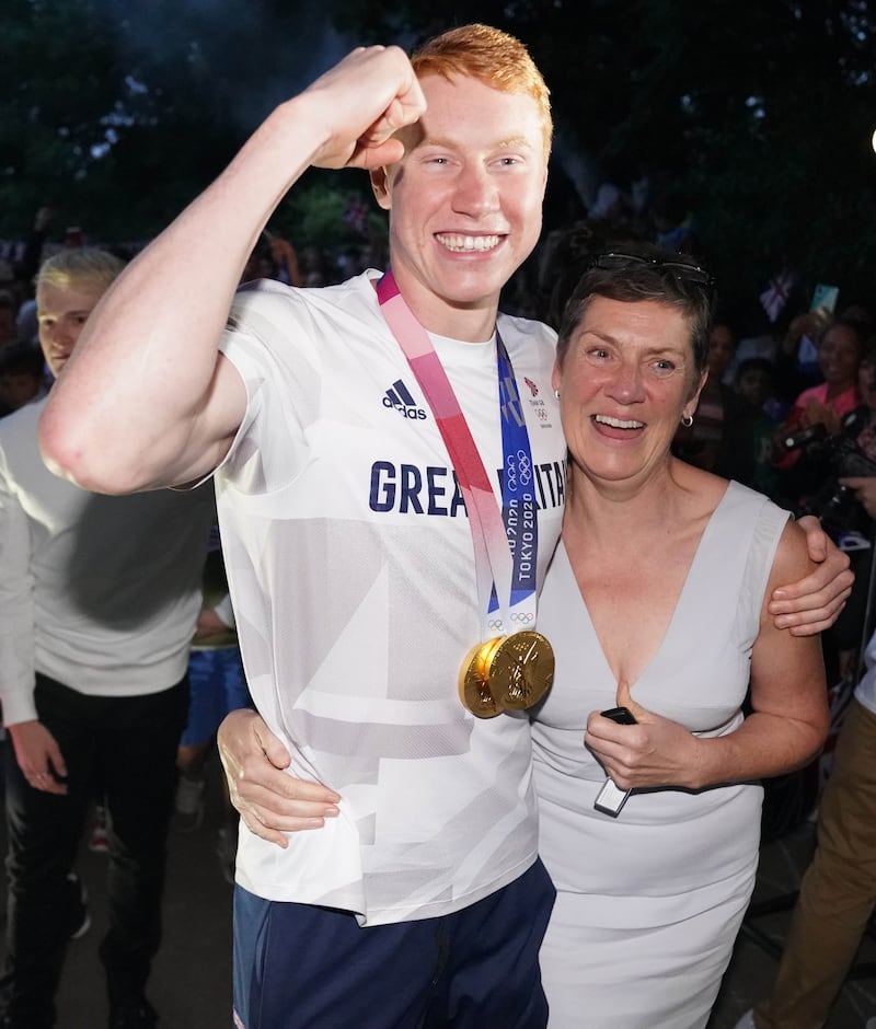 Tom Dean with his mother Jacquie Hughes at a welcome home party at his family home in Taplow after he returned from the Tokyo 2020 Olympic Games