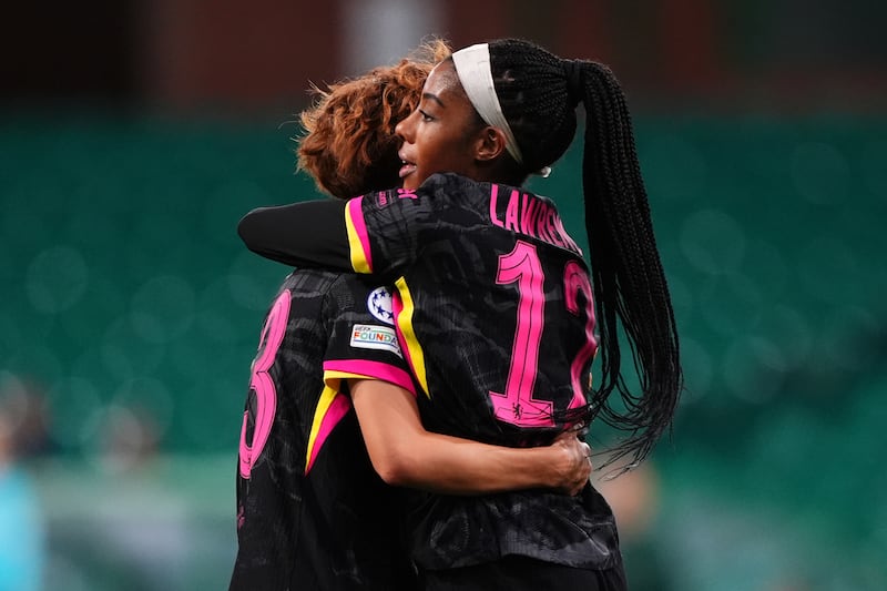 Ashley Lawrence (right) celebrates after scoring what proved the winner