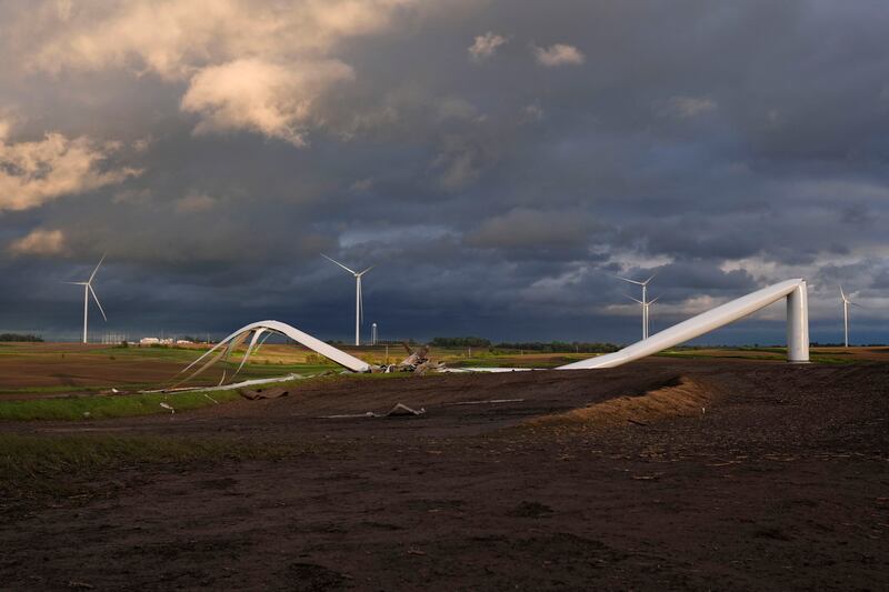 The tornado also crumpled massive power-producing wind turbines several miles outside of Greenfield (Charlie Neibergall/AP)