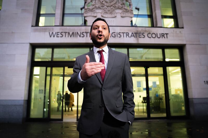 Sayed Ahmed Alwadaei speaking outside Westminster Magistrates’ Court