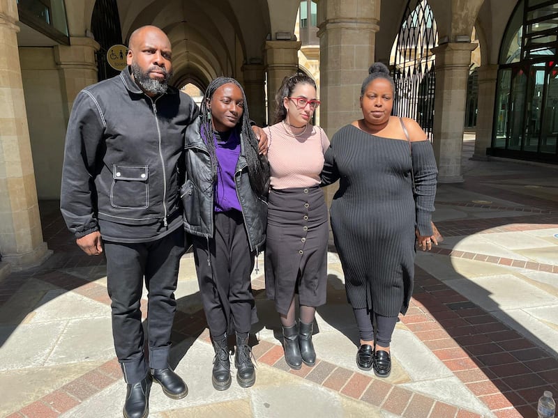 From left to right, Gboyega Odubanjo’s brother Yomi Odubanjo, his partner Tife Kusoro, close friend Tice Cin and his sister Rose Odubanjo outside Northampton Coroners Court on Tuesday.