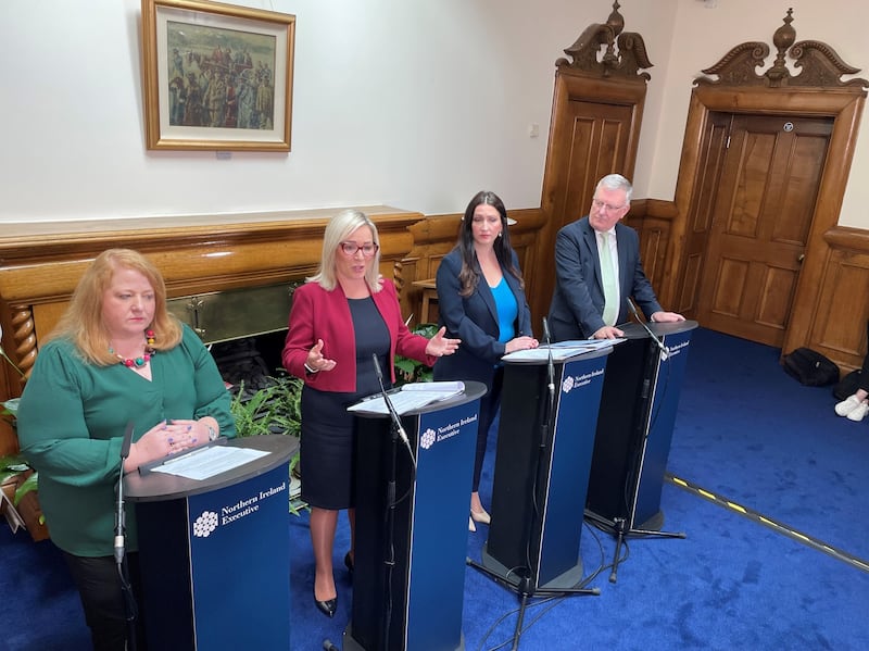 (Left to right) Justice Minister Naomi Long, First Minister Michelle O'Neill, deputy First Minister Emma Little Pengelly and Health Minister Mike Nesbitt during today's press conference announcing a Programme for Government. Picture by David Young/PA Wire