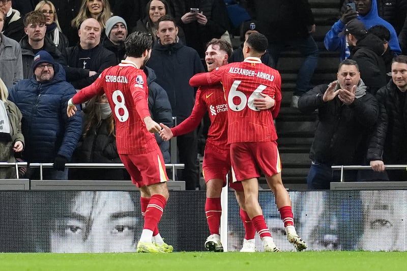 Alexis Mac Allister (centre) netted Liverpool’s second goal after 36 minutes