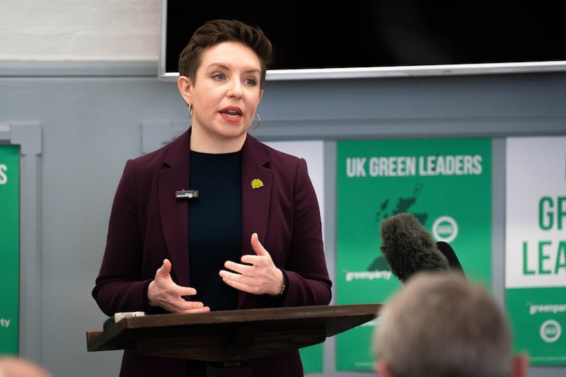 Co-leader of the Green Party of England and Wales, Carla Denyer, speaks to the media during a press conference in central, London