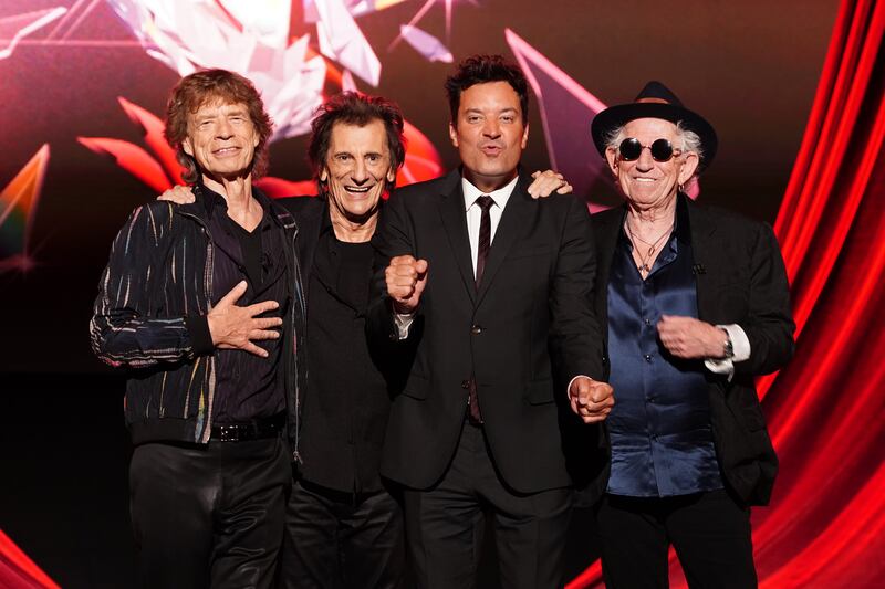 Left to right, Ronnie Wood, Mick Jagger, Jimmy Fallon and Keith Richards