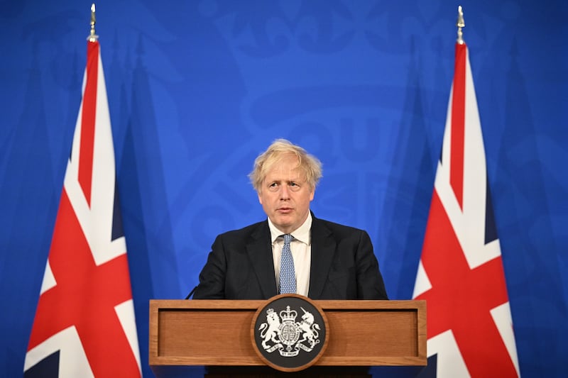 Then prime minister Boris Johnson speaks during a press conference in Downing Street, London, following the publication of Sue Gray’s report into Downing Street parties in Whitehall during the coronavirus lockdown