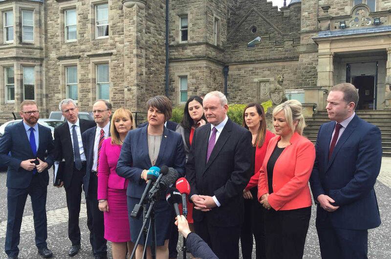 First Minister Arlene Foster and Deputy First Minister Martin McGuinness and the new-look Stormont Executive hold a pres conference outside Stormont as Northern Ireland&#39;s political leaders have denied their agreed framework programme for government is nothing more than an &quot;apple pie&quot; list of vague aspirations. PRESS ASSOCIATION Photo. Picture date: Thursday May 26, 2016. See PA story ULSTER Politics. Photo credit should read: David Young/PA Wire  