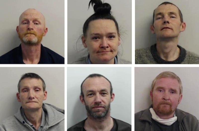 Barry Watson, Elaine Lannery, and Iain Owens, top row left to right, and John Clark, Paul Brannan, and Scott Forbes, bottom row left to right, were convicted of a string of offences