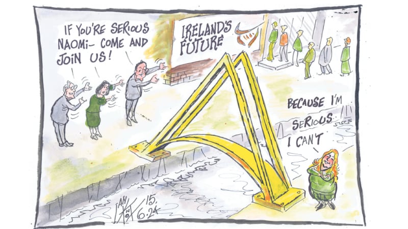 Ian Knox cartoon 15/6/24: Ireland's Future hold an event in the SSE Arena. Alliance leader Naomi Long previously agreed to speak but later said she was unavailable