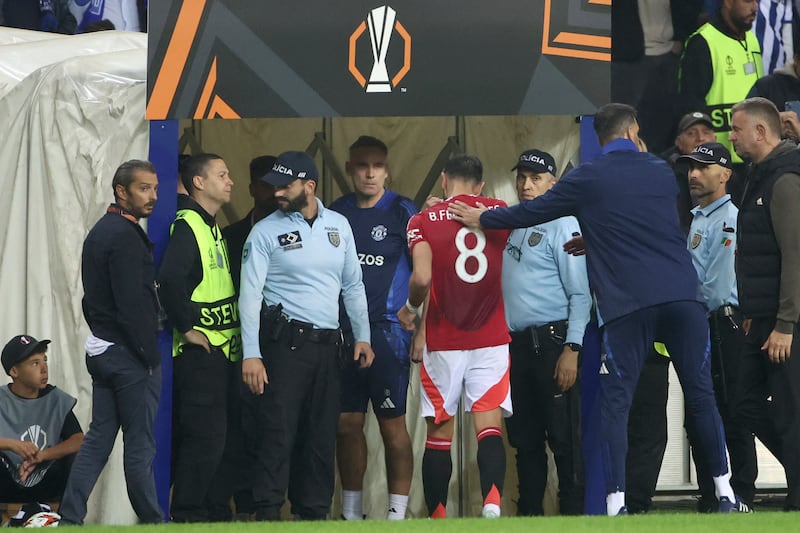 Bruno Fernandes was sent off for a second straight game (Luis Vieira/AP)