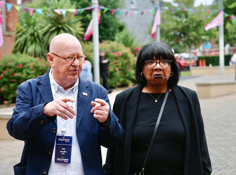 Diane Abbot speaks with Joe Austin at Féile an Phobail  at St Mary’s in West Belfast.
PICTURE COLM LENAGHAN