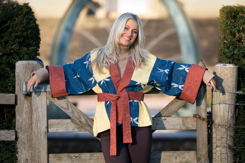 A Bold Denim Blue and Yellow Damask Short Kimono made out of old royal curtains 