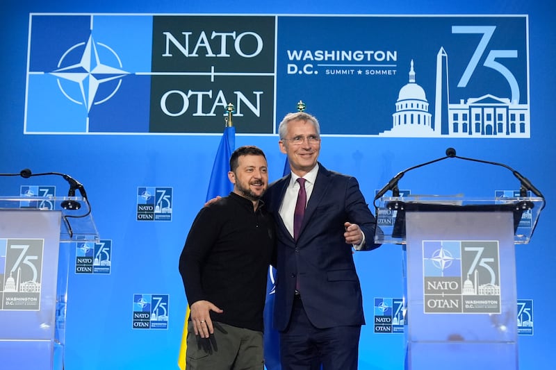 Ukraine’s President Volodymyr Zelensky and Nato secretary general Jens Stoltenberg wrap up a joint press conference (Mark Schiefelbein/AP)