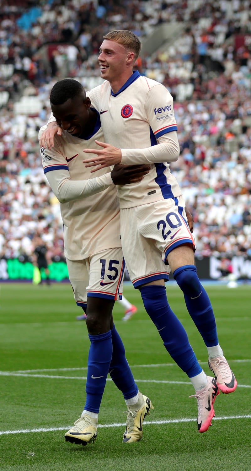 Chelsea’s Cole Palmer celebrates scoring their side’s third goal of the game with Nicolas Jackson