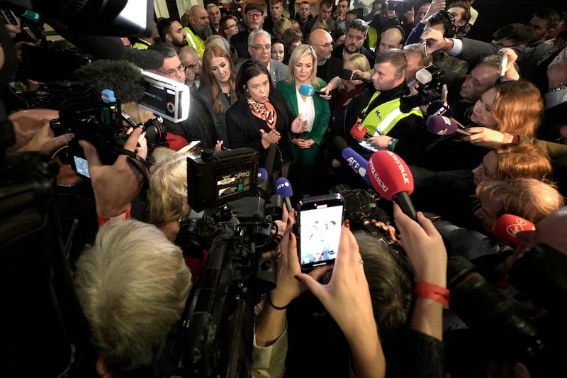 Sinn Fein president Mary Lou McDonald and deputy president Michelle O’Neill speak to the media at the RDS in Dublin