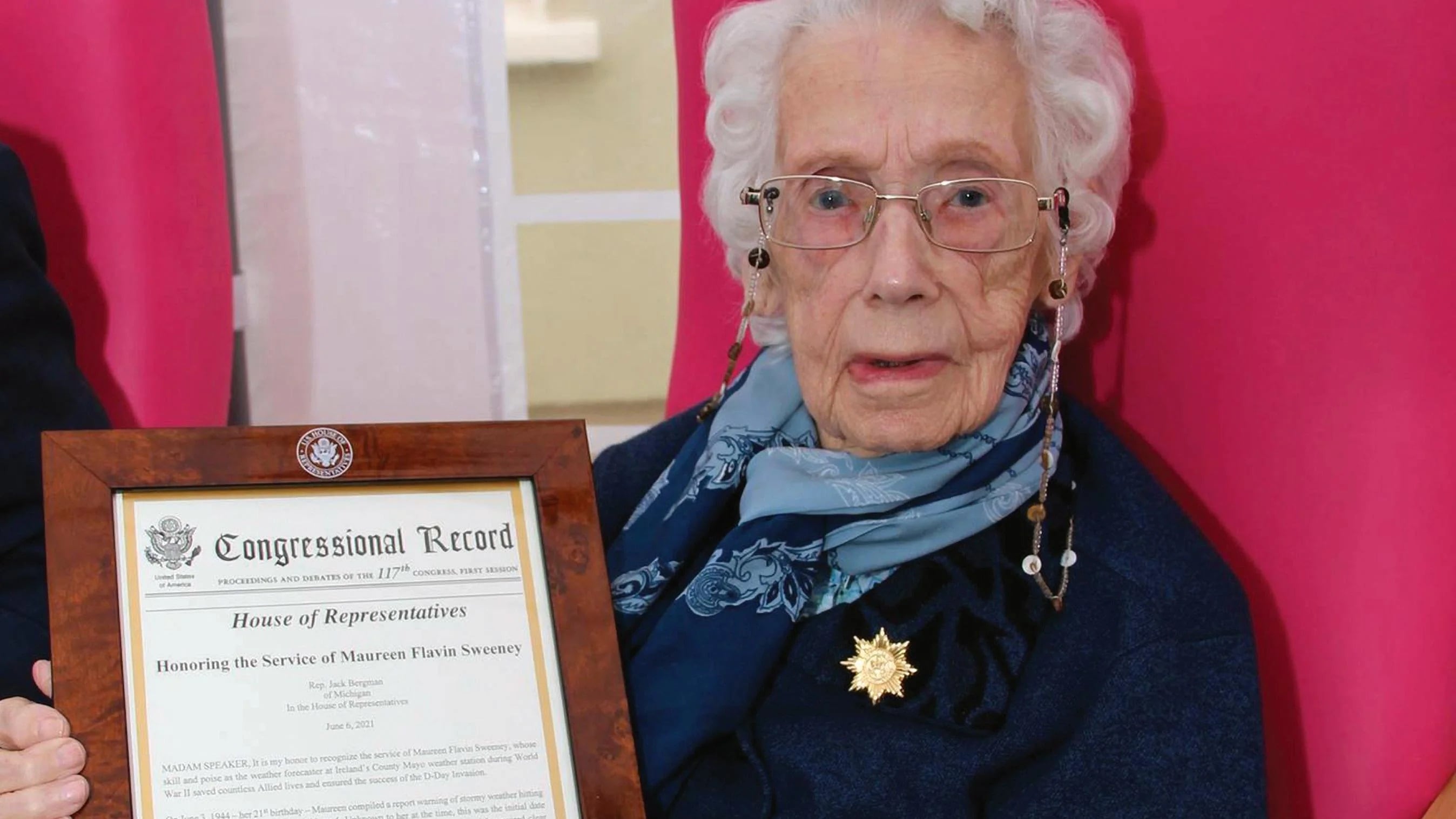 Maureen Sweeney received a special US House of Representatives honour in Belmullet, Co Mayo in 2021. Her weather readings on the west coast of Ireland persuaded Allied commanders to delay D-Day by 24 hours, 80 years ago this week. She died in December 2023, aged 100