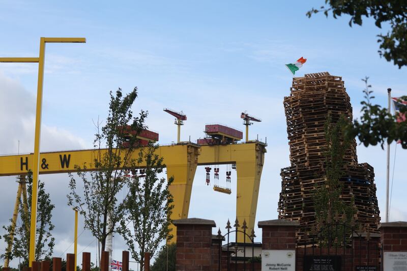A tricolour displayed at the top of the bonfire at Pitt Park in east Belfast.