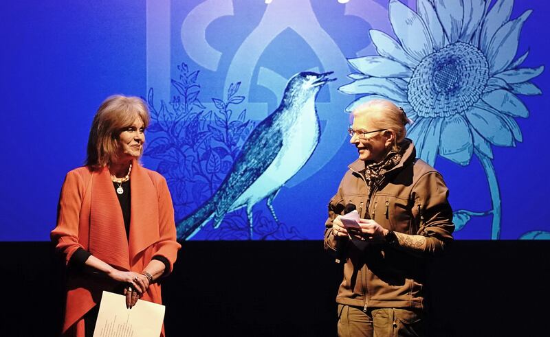 Dame Joanna Lumley and Ukrainian medic Yuliia Paievska read a poem during the United With Ukraine show, an event for the Ukrainian refugee community in London, to mark two years since the Russian invasion, at the Palace Theatre in London