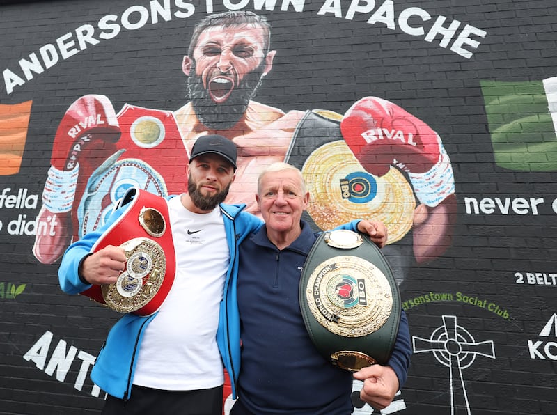 IBF champion Anthony 'The Andytown Apache’ Cacace with Mickey Hawkins   at The official unveiling of the mural paying tribute to IBF super-featherweight champion on South Link, Andersonstown in West Belfast.
PICTURE COLM LENAGHAN