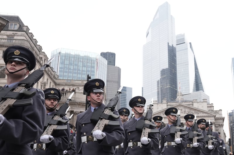 Military personnel take part in the Lord Mayor’s Show in the City of London