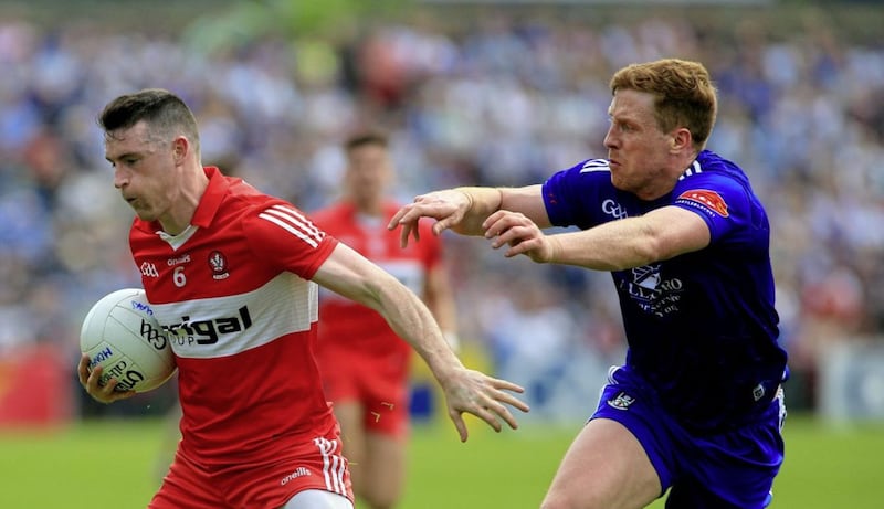 15/5/2022  Derrys    Gareth Mc Kinless    in action with  Monaghans   Kieran Duffy     in yesterdays  Semi Final game at the Athletic Grounds   Picture  Seamus Loughran 