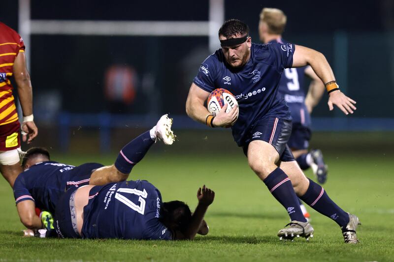 DONCASTER, ENGLAND - SEPTEMBER 08: Corrie Barrett of Doncaster Knights makes a break during the Premiership Rugby Cup match between Doncaster Knights and Cambridge at Castle Park on September 08, 2023 in Doncaster, England. (Photo by George Wood/Getty Images)