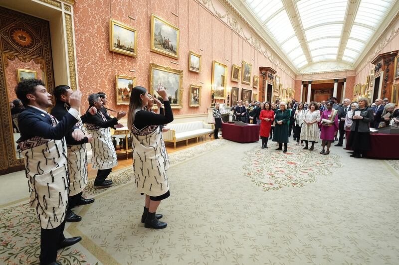 Members of the Ngati Ranana London Maori club performing during the reception