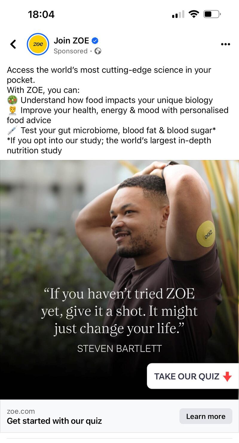 Undated handout image issued by the Advertising Standards Authority (ASA) of an advert for nutrition brand Zoe featuring Dragons’ Den star Steven Bartlett.