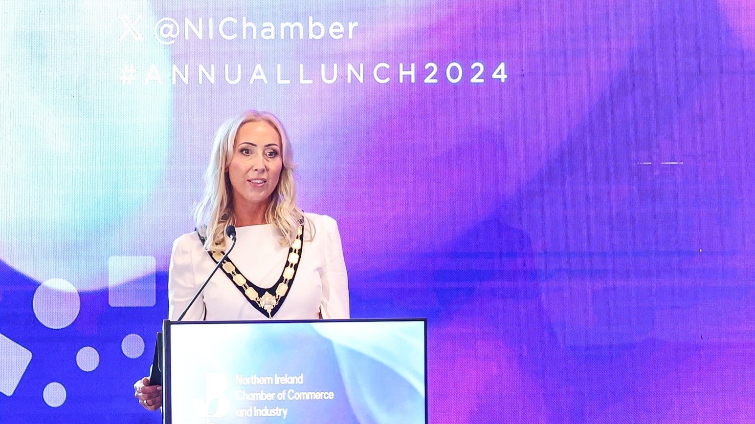 The new president of the Northern Ireland Chamber, Caitriona McCusker, addressing business stakeholders in Belfast City Hall on Friday.